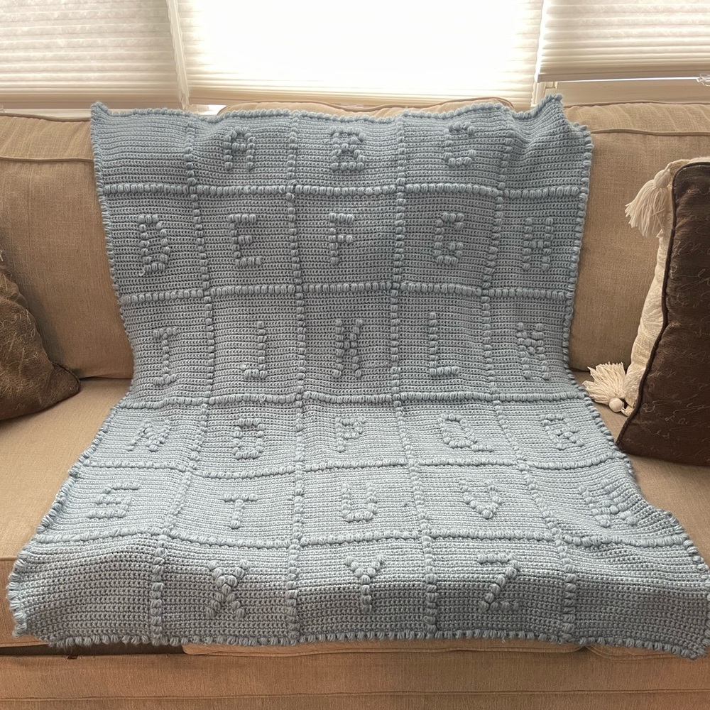 Handmade Crochet Alphabet Baby Blanket Light Blue